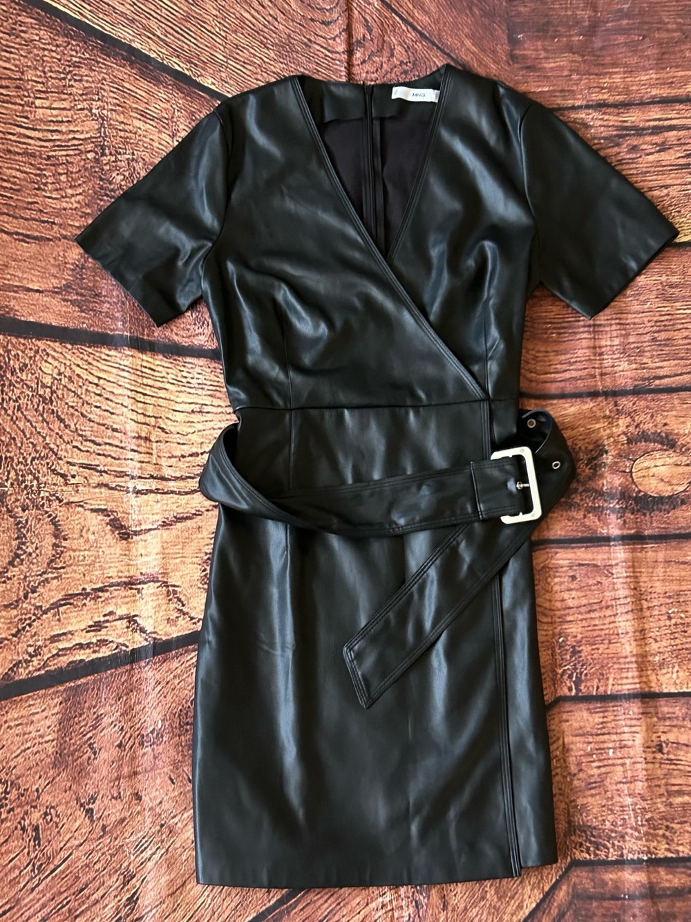 Mango MNG Black Faux Leather Wrap Dress Small V-Neck Crossover Mini Short Sleeve